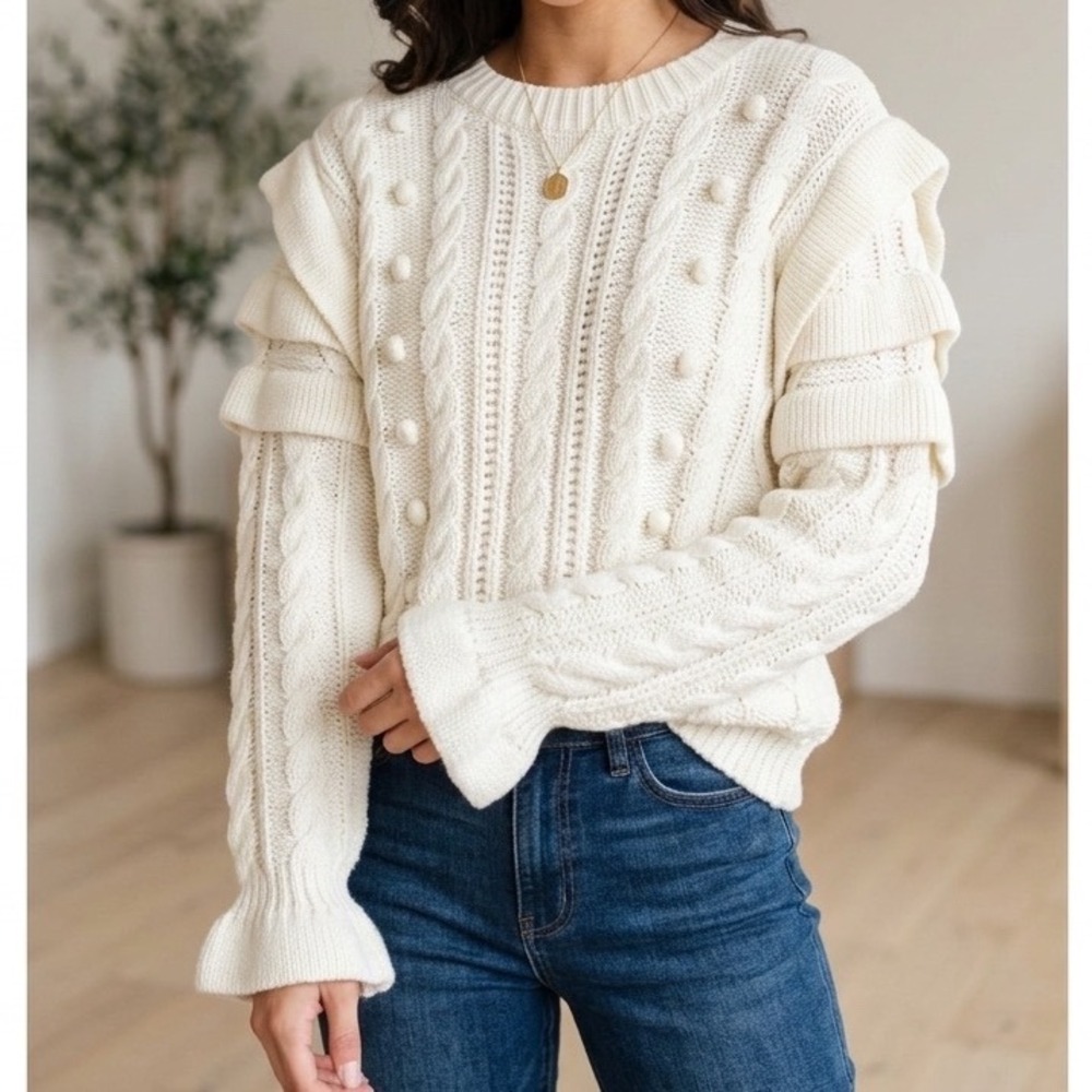 NWT Altar'd State Ivory Cable Knit Pom‎ Pom Ruffle Sweater Coquette Chunky Sz L